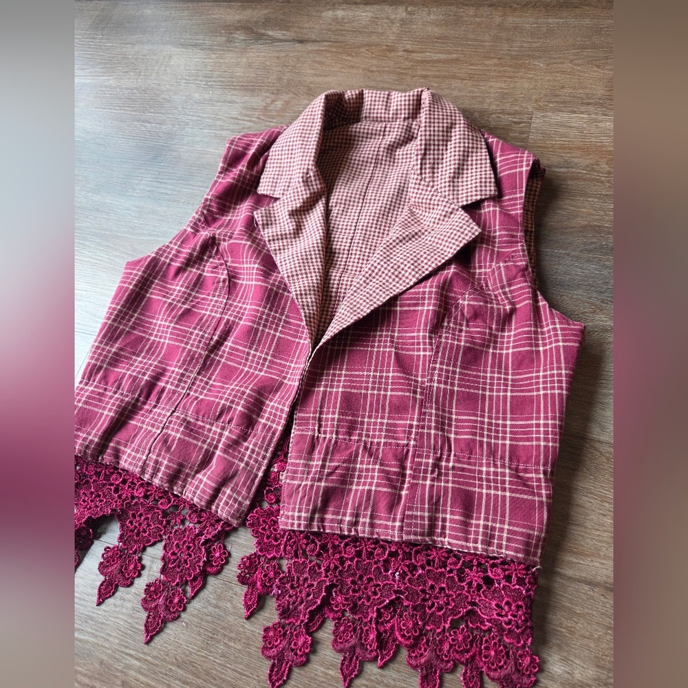 Vintage Hand Made Reversible Maroon Plaid Western Vest with Lace Fringe, size S - Picture 2 of 7
